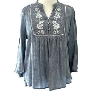 Tommy Hilfiger Women's Embroidered Crinkle Peasant Top -Gray Size Large